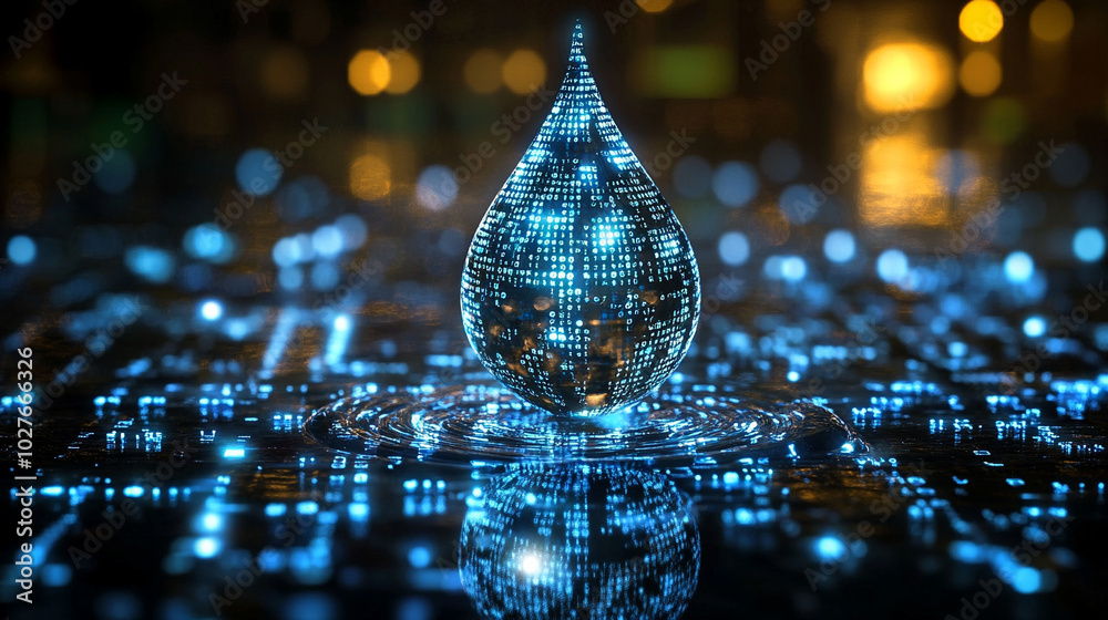 Poster digital water drop icon features cascading binary code, symbolizing the fusion of technology and nat