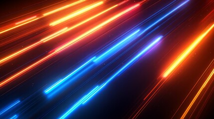 Abstract background of glowing neon lines in orange and blue colors on a black background.