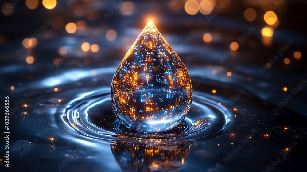 Poster digital water drop icon features cascading binary code, symbolizing the fusion of technology and nat