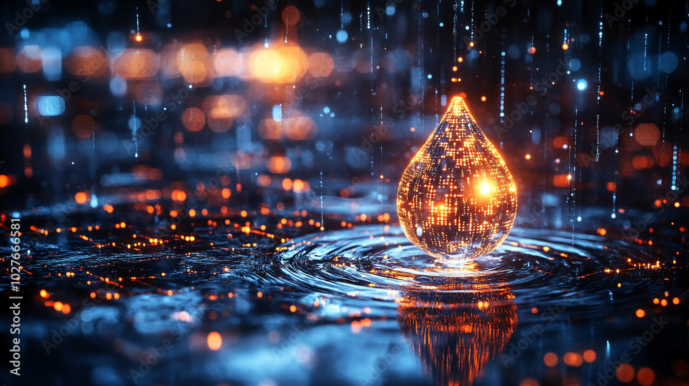 Poster digital water drop icon features cascading binary code, symbolizing the fusion of technology and nature, representing data flow and innovation in the digital age