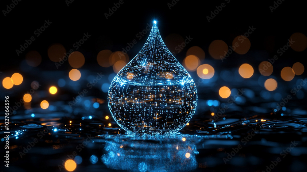 Poster digital water drop icon features cascading binary code, symbolizing the fusion of technology and nat