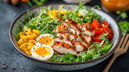 Fresh Salad Bowl with Chicken, Eggs, and Veggies