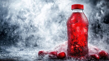 Sleek Red Beverage Bottle with Water Splash Effect