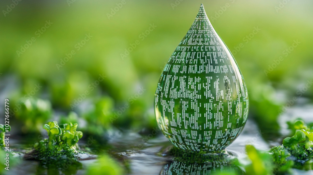Poster digital water drop icon features cascading binary code, symbolizing the fusion of technology and nat
