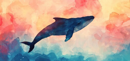 Watercolor painting of a whale swimming in a vibrant sea.