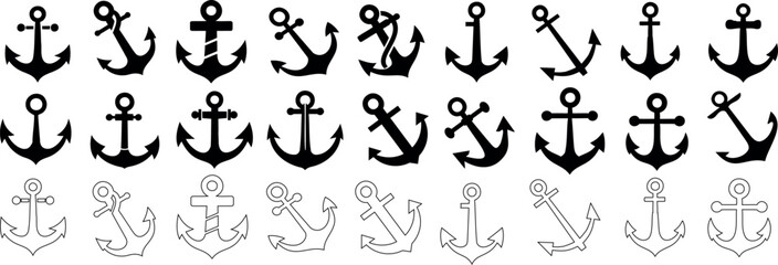 Anchor icons set. Black anchor vector anchors for marine, nautical designs. Classic and modern anchor outline designs and solid styles isolated on white