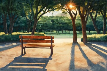 Wooden bench in a sunlit park surrounded by trees and soft shadows.