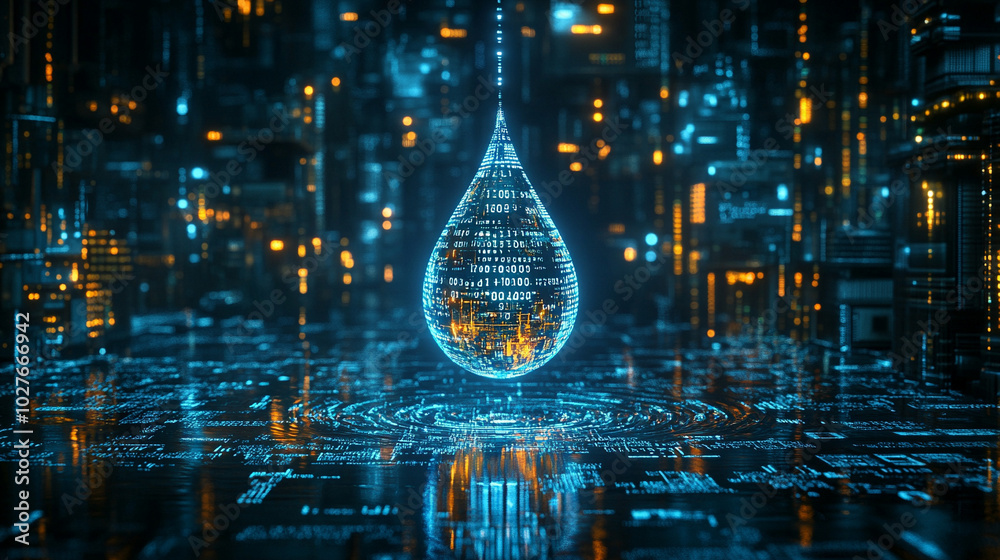 Poster digital water drop icon features cascading binary code, symbolizing the fusion of technology and nat
