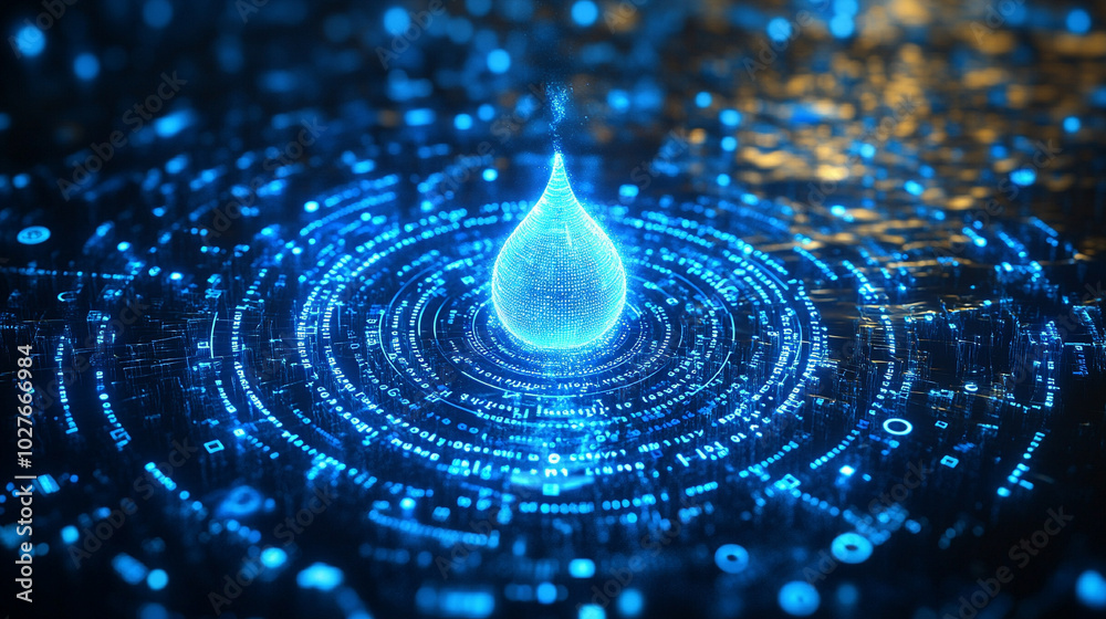 Poster digital water drop icon features cascading binary code, symbolizing the fusion of technology and nat