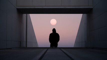 Obraz premium Silhouette figure in tunnel, facing vast sky. Solitude and contemplation. 