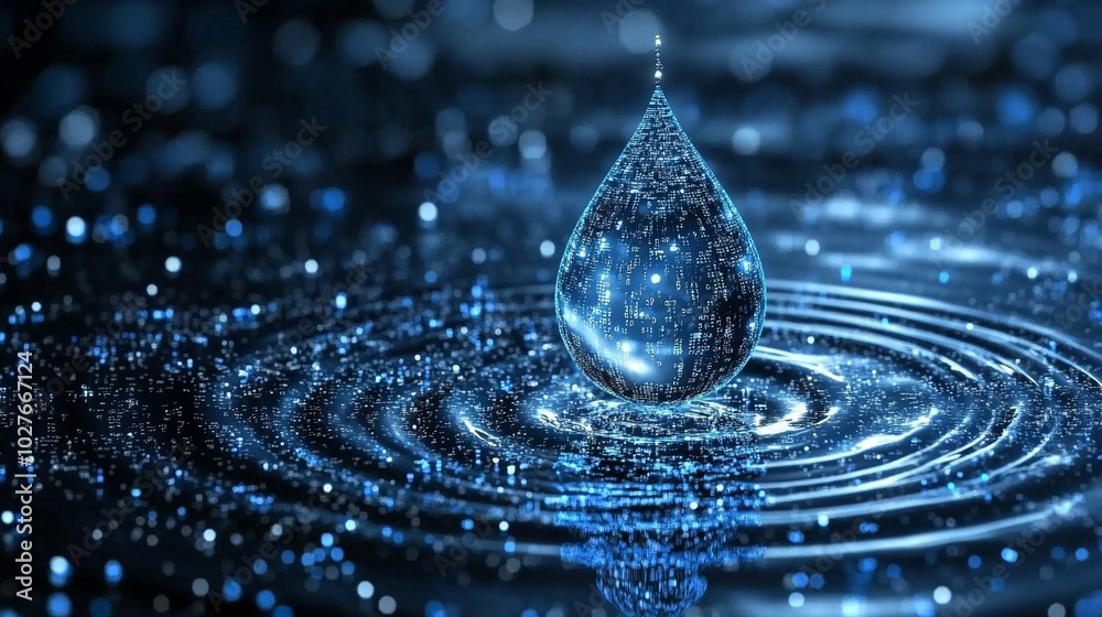 Poster digital water drop icon features cascading binary code, symbolizing the fusion of technology and nat