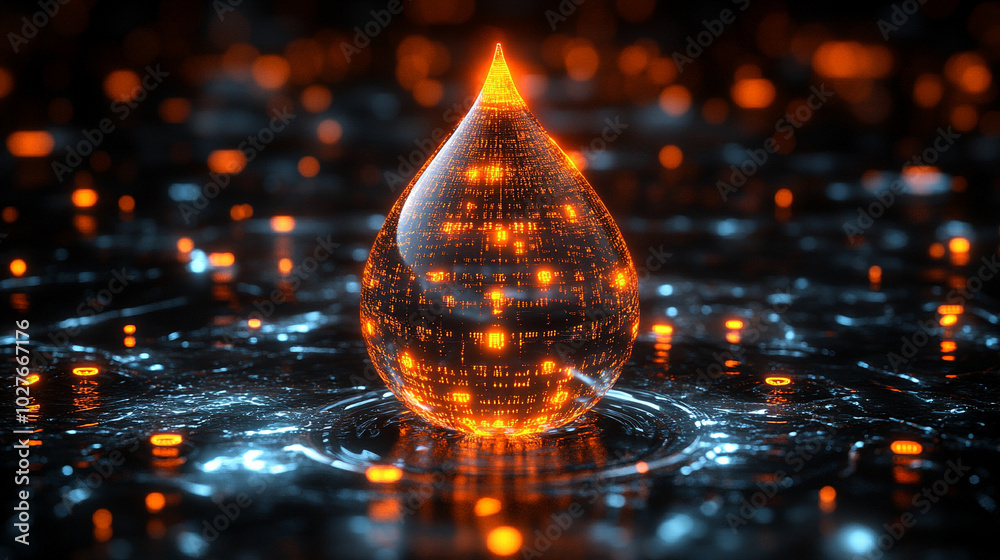 Poster digital water drop icon features cascading binary code, symbolizing the fusion of technology and nat
