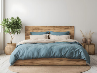 Bed with Blue and Beige Bedding in Boho Farmhouse Style