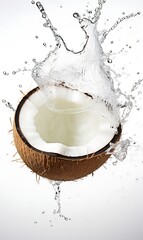Coconut and splash of water on white background