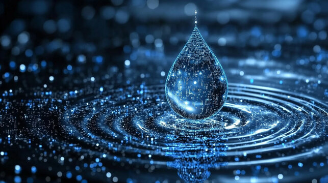 digital water drop icon features cascading binary code, symbolizing the fusion of technology and nature, representing data flow and innovation in the digital age