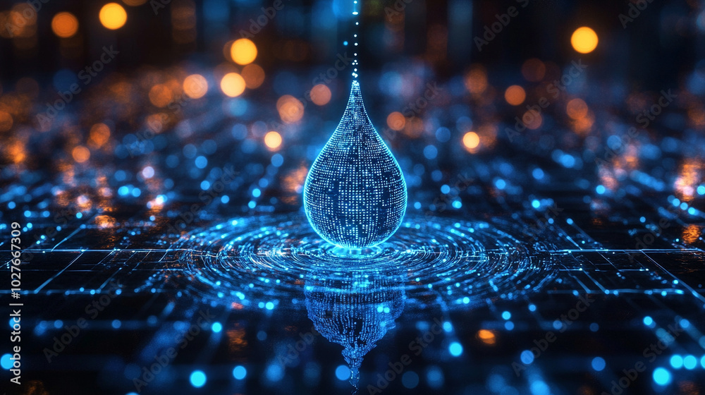 Poster digital water drop icon features cascading binary code, symbolizing the fusion of technology and nat