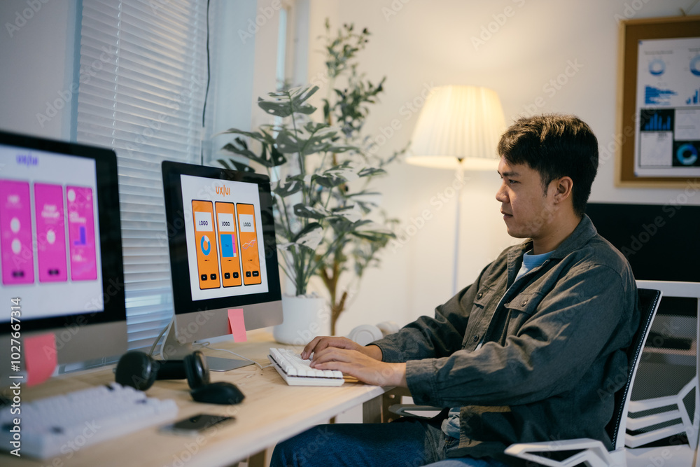 Poster Ui designer passionately crafting a cutting-edge mobile app interface at his desk in a fast-paced startup office