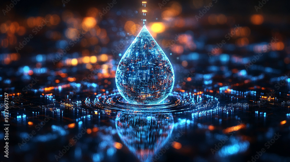 Poster digital water drop icon features cascading binary code, symbolizing the fusion of technology and nat