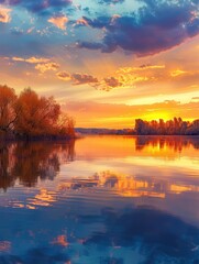 Obraz premium A stunning autumn sunset fills the sky with vibrant hues as its reflections dance on the calm waters of the serene landscape. Generative AI