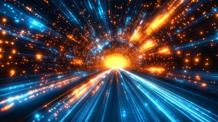 Obraz premium Abstract futuristic tunnel with blue and orange light streaks and sparkling particles.