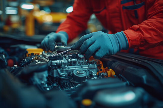A mechanic works on an engine in an automotive repair shop during daylight hours