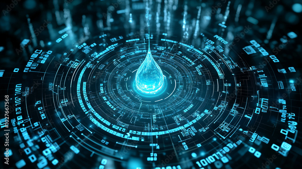 Poster digital water drop icon features cascading binary code, symbolizing the fusion of technology and nat