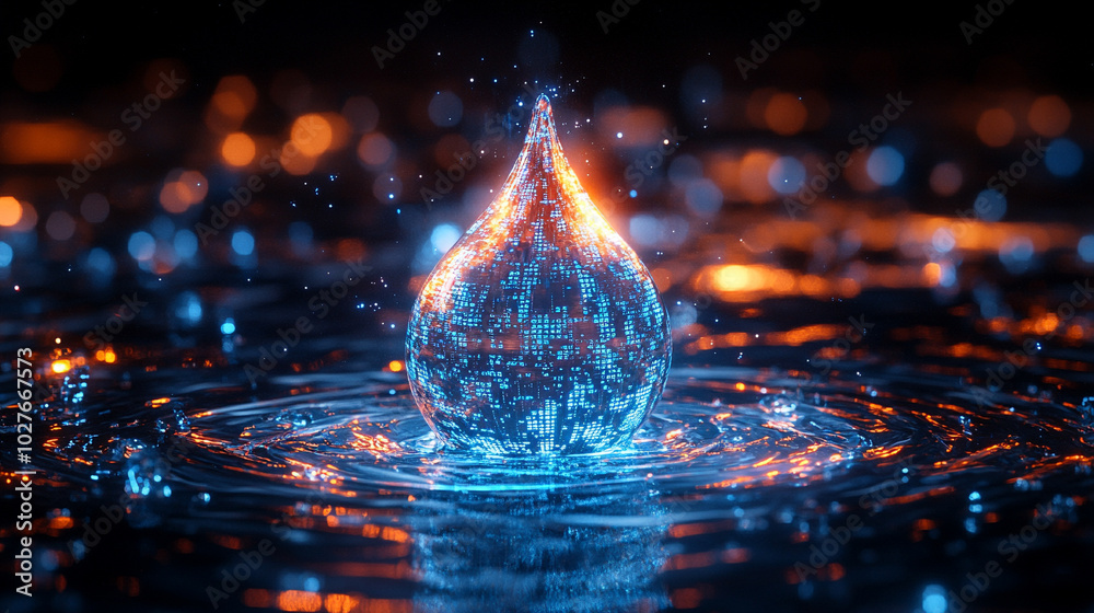 Poster digital water drop icon features cascading binary code, symbolizing the fusion of technology and nat