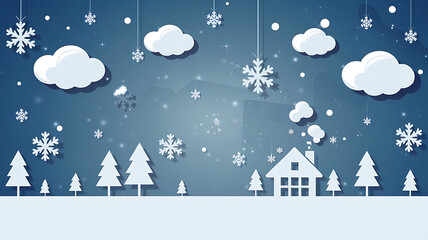 Naklejka premium Winter wonderland paper cut style white house and trees on blue background Holiday greeting card design 