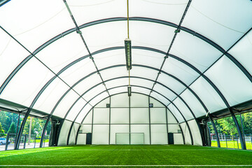interior of a covered football pitch with grass and a football goal in the middle, light and space, grass roof, football stadium,