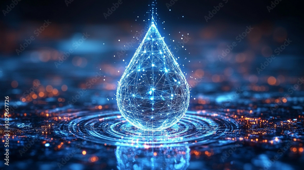 Poster digital water drop icon features cascading binary code, symbolizing the fusion of technology and nat
