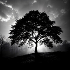 Fototapeta premium gloomy deciduous forest with a silhouette of gnarled trees standing against a deep blue and golden sunset