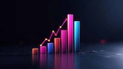 Abstract 3D bar chart with glowing edges rising sharply, representing financial progress, Glowing growth chart, Business success visualization
