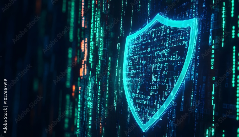 Poster digital security shield over binary code, representing cybersecurity and protection in the digital w