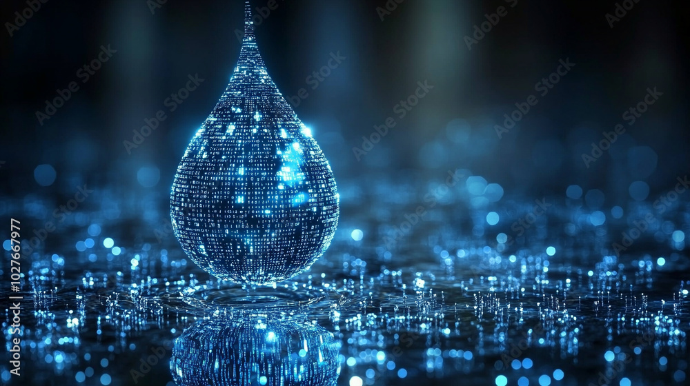 Poster digital water drop icon features cascading binary code, symbolizing the fusion of technology and nat