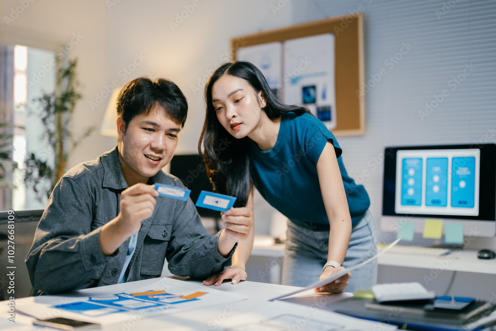 Poster Two asian ui/ux designers collaborate on a mobile app layout, showcasing teamwork and creativity in an office setting