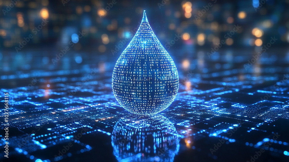 Poster digital water drop icon features cascading binary code, symbolizing the fusion of technology and nat
