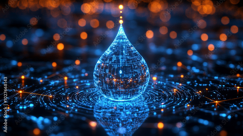 Poster digital water drop icon features cascading binary code, symbolizing the fusion of technology and nat