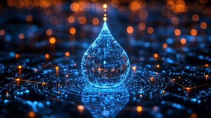 digital water drop icon features cascading binary code, symbolizing the fusion of technology and nature, representing data flow and innovation in the digital age