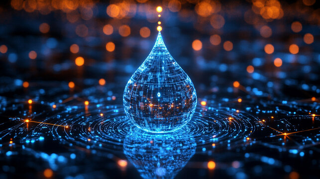 digital water drop icon features cascading binary code, symbolizing the fusion of technology and nature, representing data flow and innovation in the digital age
