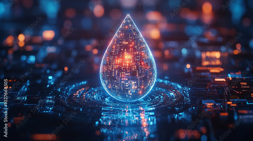 Poster digital water drop icon features cascading binary code, symbolizing the fusion of technology and nat