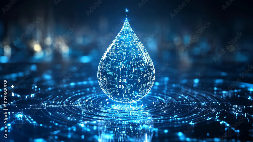 Poster digital water drop icon features cascading binary code, symbolizing the fusion of technology and nat