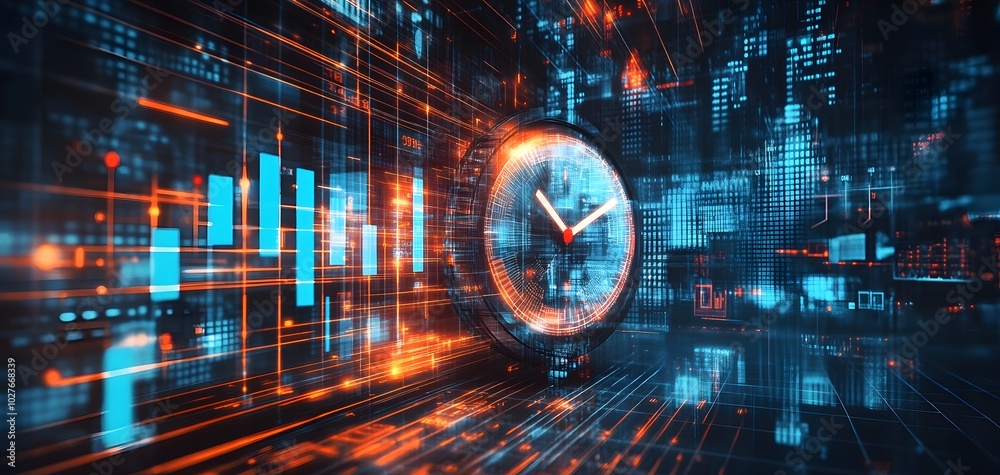 Poster futuristic clock in a digital world, representing time management and technology advancements with v