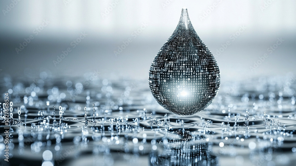 Poster digital water drop icon features cascading binary code, symbolizing the fusion of technology and nat