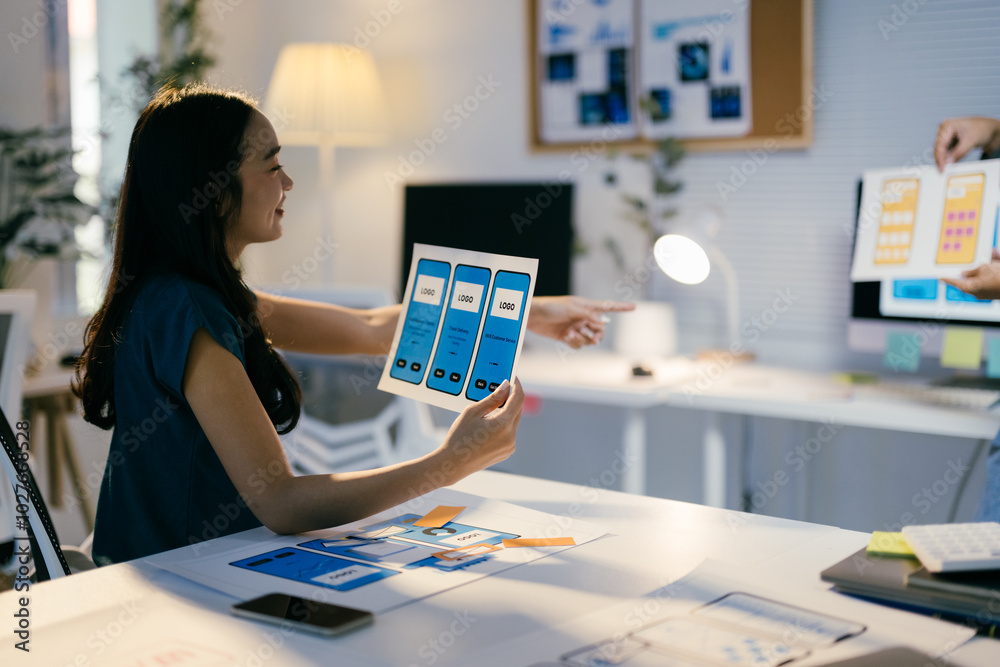 Poster Ui designer is holding a prototype of a mobile application and showing it to her colleague during a meeting at the office