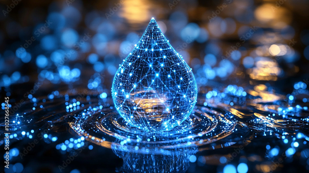 Poster digital water drop icon features cascading binary code, symbolizing the fusion of technology and nat