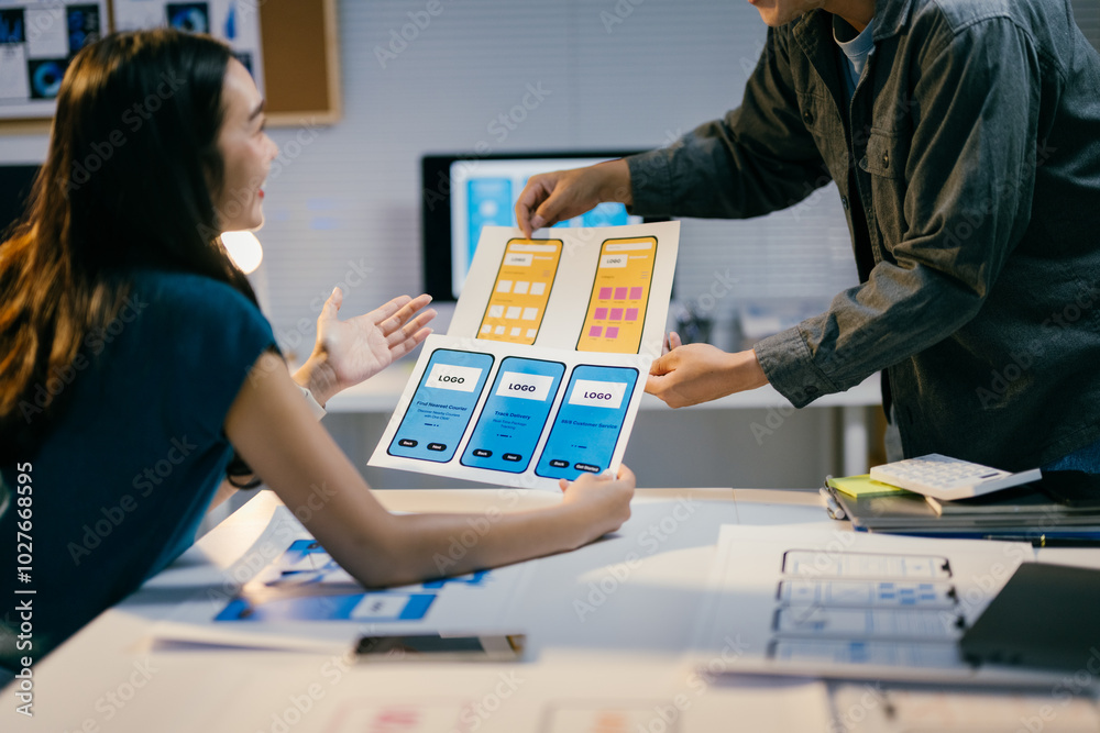 Poster two asian professionals working together on user experience, user interface and graphic design for m