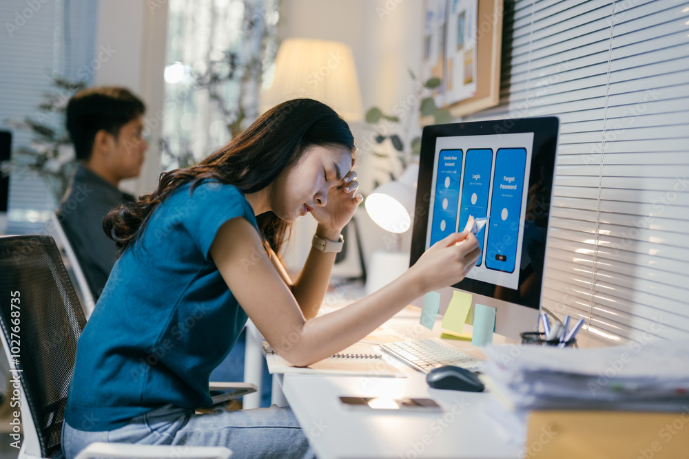Aufkleber exhausted young asian female web developer experiencing difficulties while working on a new project 
