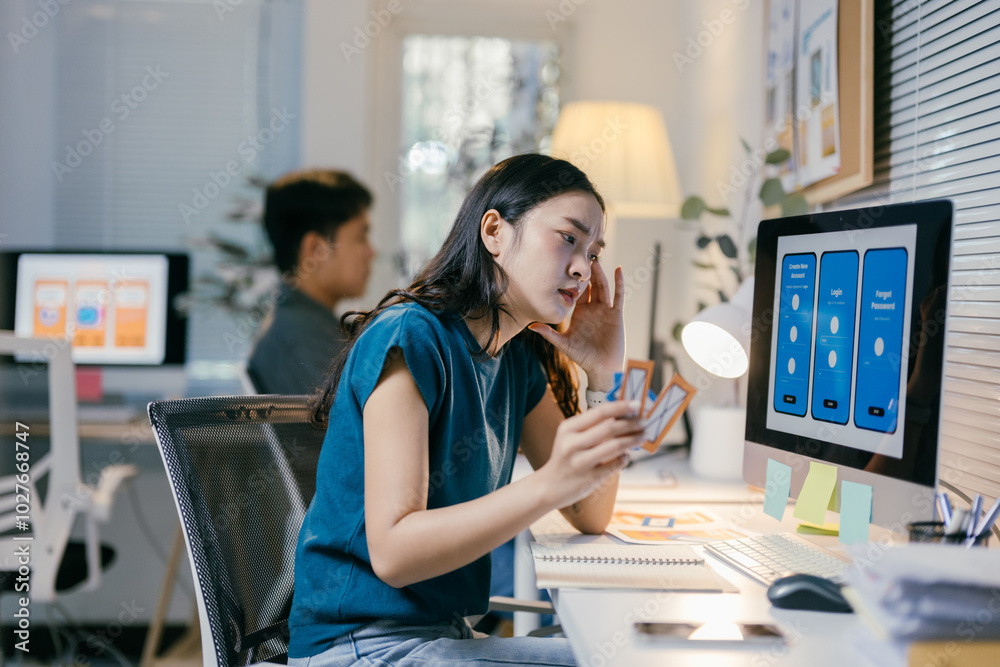 Aufkleber Young asian woman working as ui designer is experiencing a creative block while working on a mobile app. She is holding a color palette and looking at the computer screen