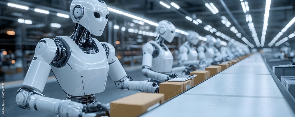 Poster futuristic robots working collaboratively on an assembly line in a high-tech factory, showcasing aut