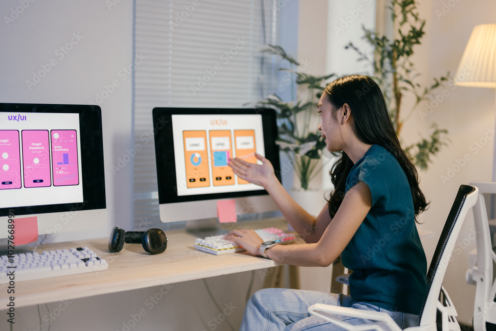 Poster Ui ux designer is working on a mobile app interface, designing the user experience and making sure the interface is user-friendly